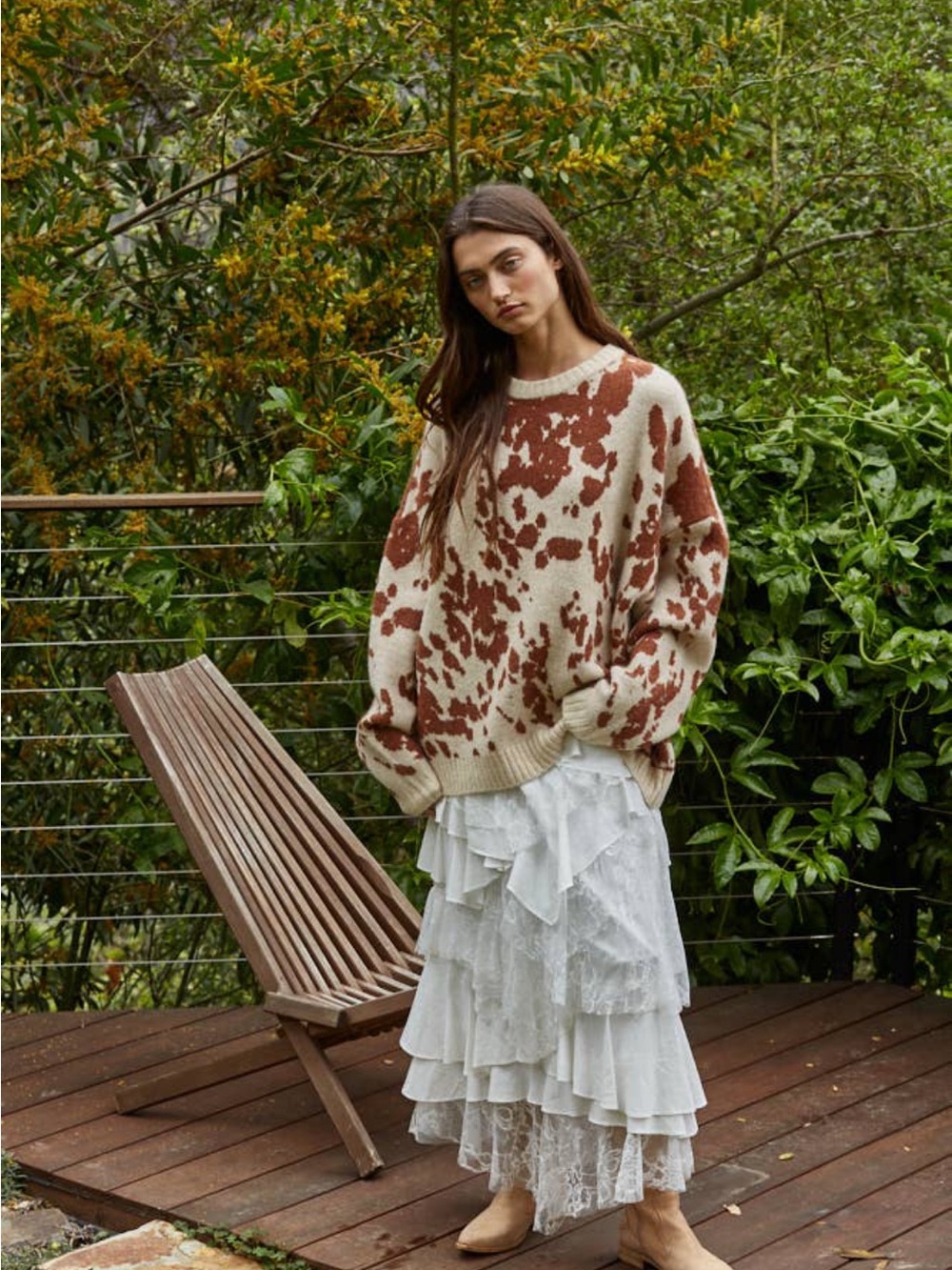 Altar'd State Cream & Brown Cowprint Oversized Sweater Maxi Look